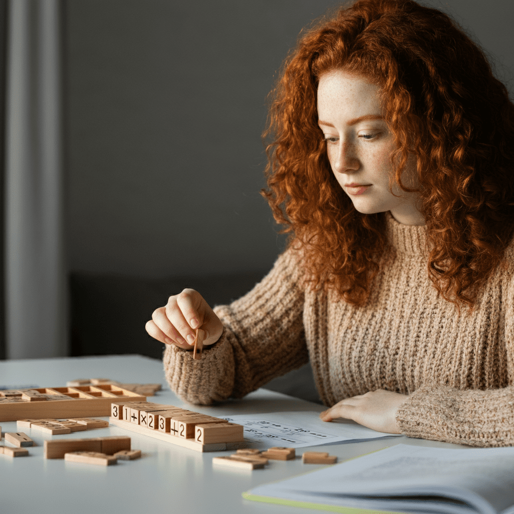 girl using tiles to solve math problem