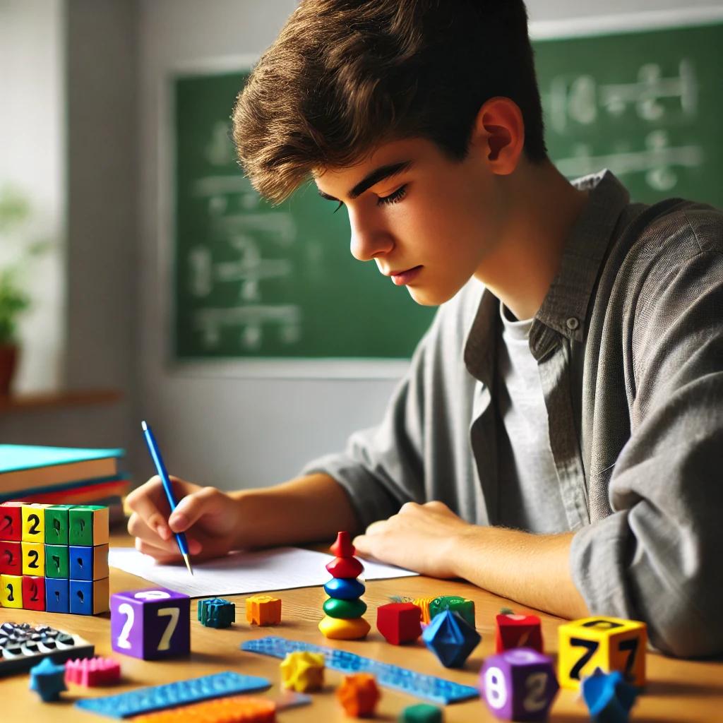 teen solving math problem using manipulatives