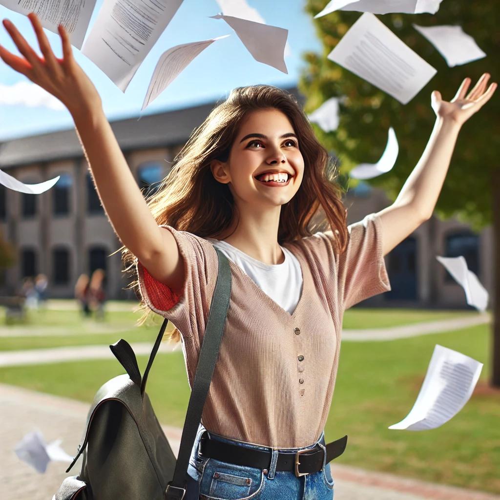 happy college girl throwing papers in the air