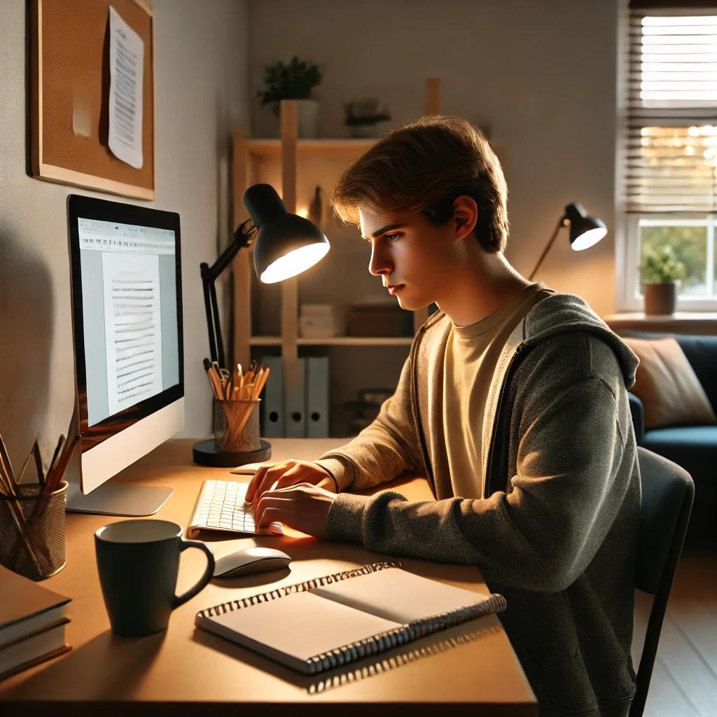 college student with autism writing paper on computer