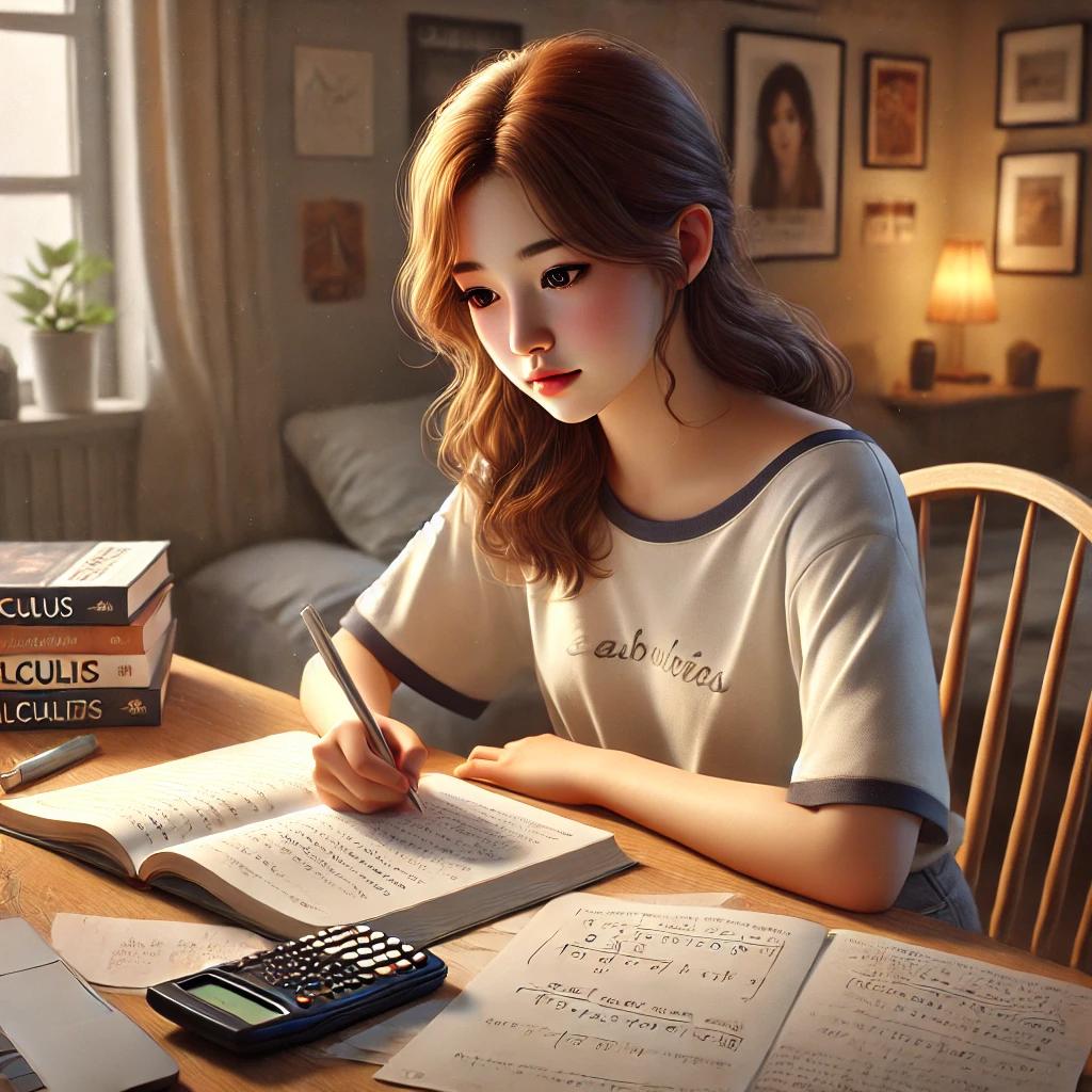 Asian girl doing calculus homework
