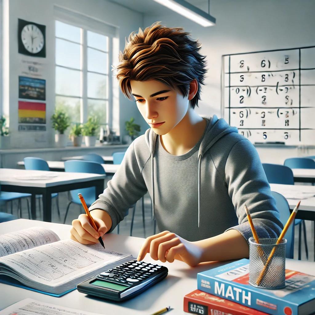 Teen in classroom doing math assignment with graphing calculator