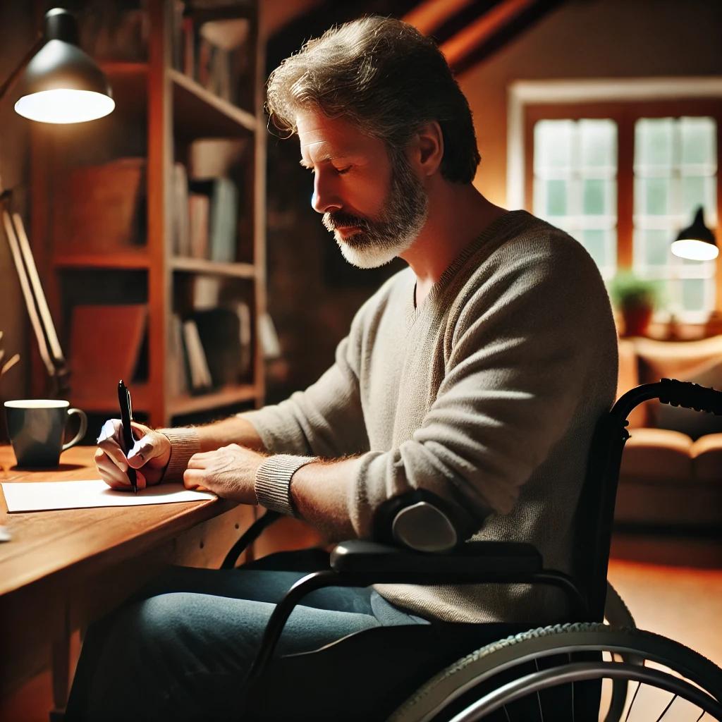 man in wheelchair writing a letter